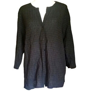 Eileen Fisher Black Grid Texture Organic Cotton Button Front Blouse Size Large